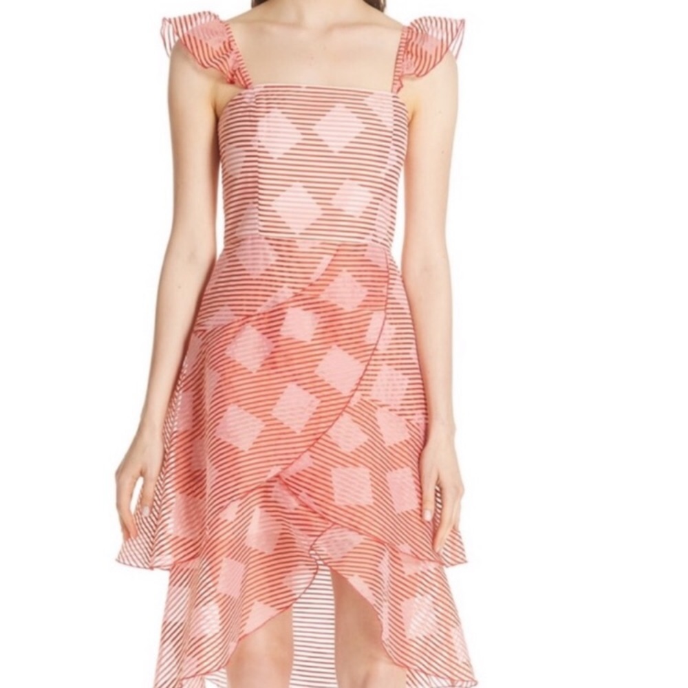 ALICE + OLIVIA Angelita Striped Ruffle Asymmetric Midi Dress - Picture 9 of 15